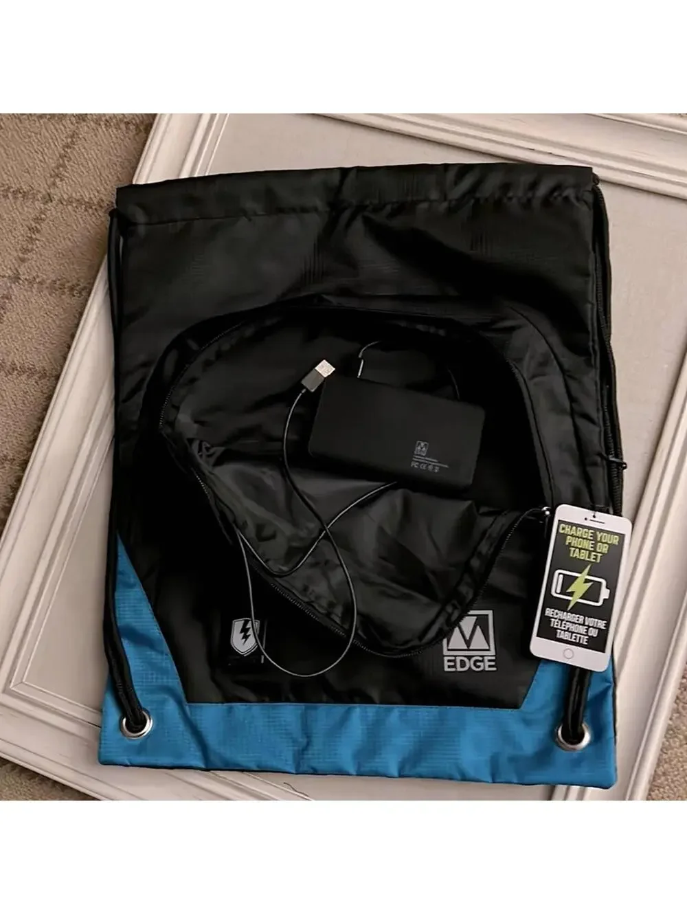 M Edge Tech Sackpack with Rechargeable portable phone battery NWT BLACK/ Blue